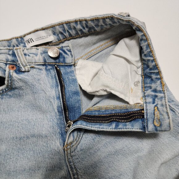 Zara Light Wash Rigid Denim High Rise Ripped Tapered Leg Jeans - Picture 4 of 5